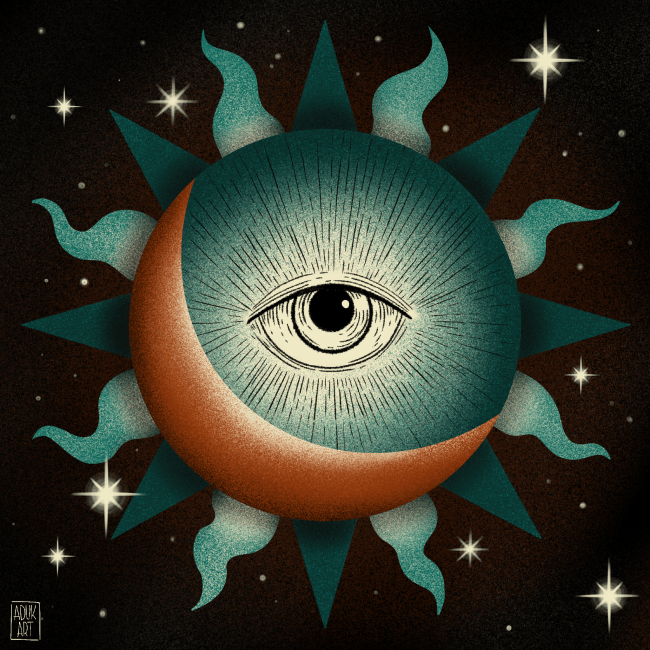 Mystical illustration of a central eye inside a radiant sun and crescent moon motif with stars on a dark cosmic background.