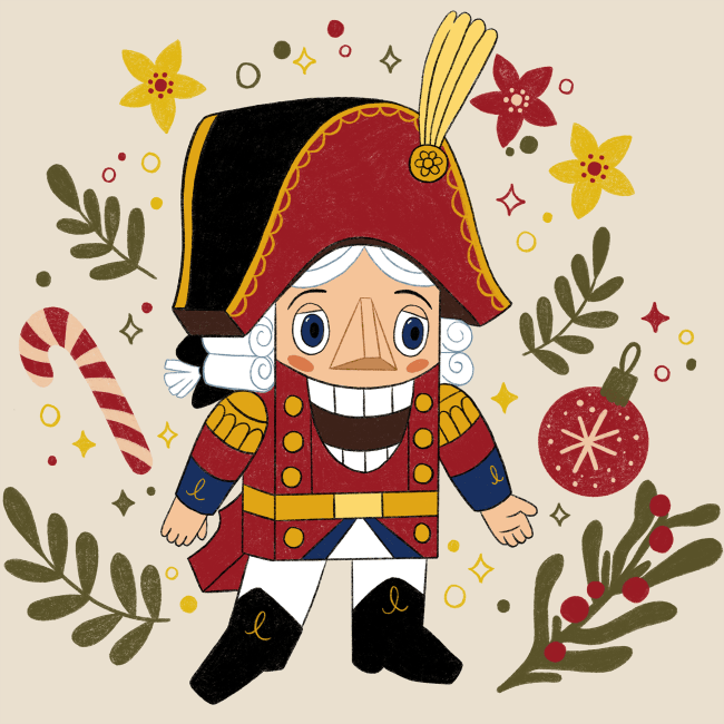 Cute Nutcracker illustration with red uniform, tall hat, candy cane, ornament, and festive Christmas foliage on a beige background.