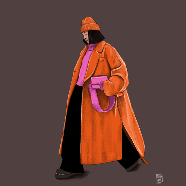 Digital fashion illustration of a woman walking in a long orange coat, orange beanie, pink sweater, black wide-leg pants, and purple bag.