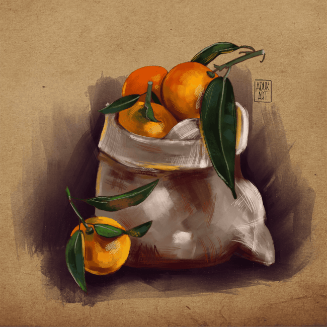 Illustration of tangerines with green leaves in a white knitted bag on a warm brown textured background.