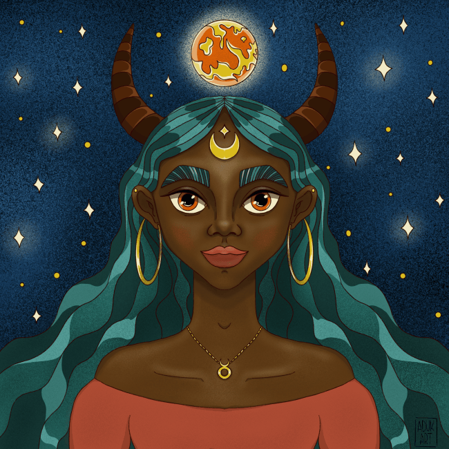 Digital portrait illustration of a Taurus girl with horns, teal hair, gold jewelry, moon symbol, and starry zodiac background.