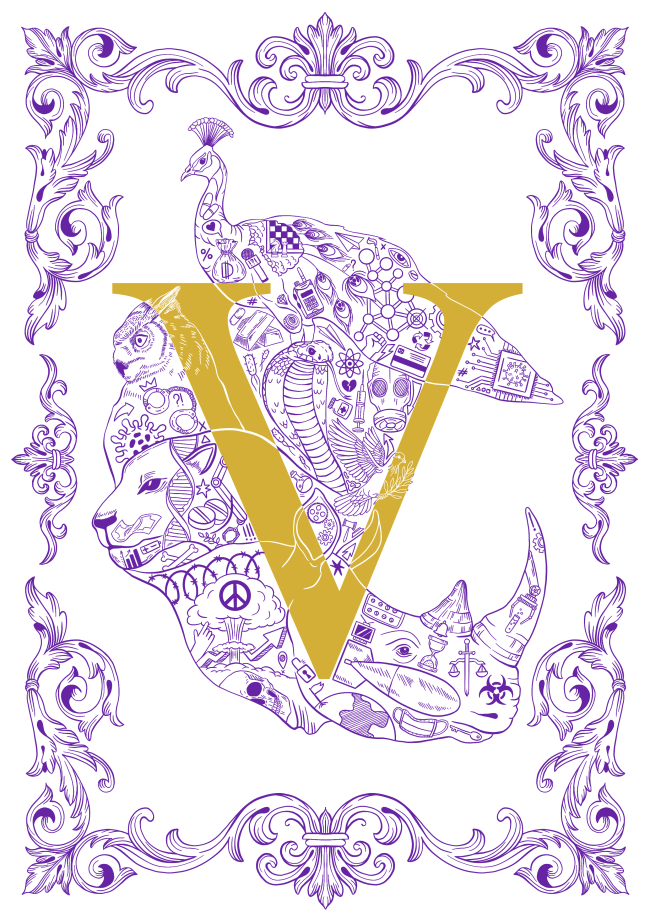 Graphic novel cover illustration with a large gold V, symbolic animal collage, purple line art details, and ornate decorative border on light background.