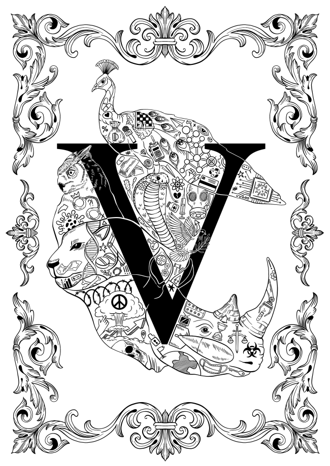 Black-and-white graphic novel cover illustration with ornate frame, large V shape, and symbolic animal collage filled with detailed line art icons.