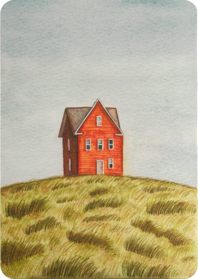 Watercolor painting of a small red house on a grassy hill under a soft sky, displayed on a mini easel with changing light.