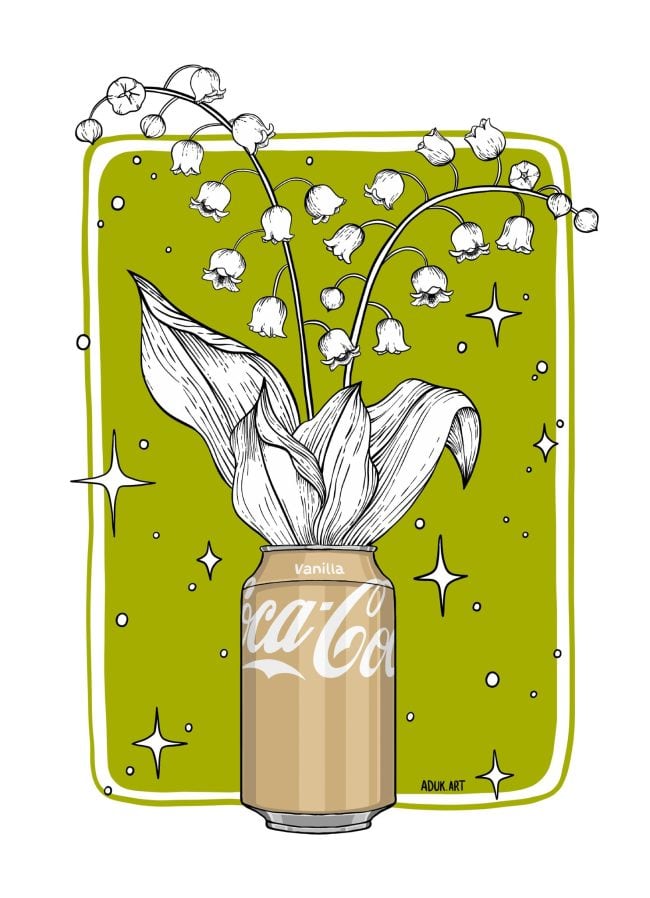 Lily of the valley flowers illustrated growing from a vanilla Coca-Cola can on a green background with decorative stars.