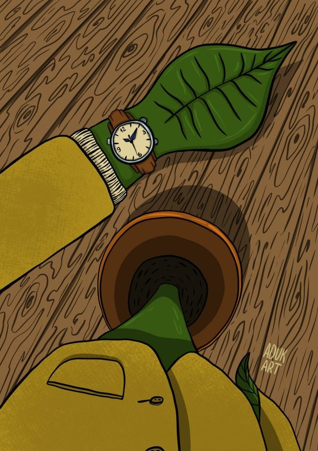 Surreal illustration of a plant person in a yellow coat with a leaf hand wearing a wristwatch, viewed from above on a wooden floor.